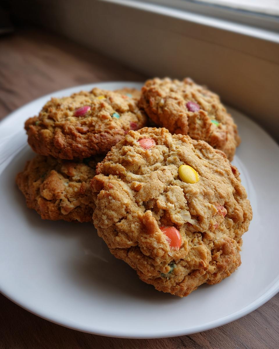 A close-up of four textured peanut butter M&M cookies stacked slightly on a white plate near a window.