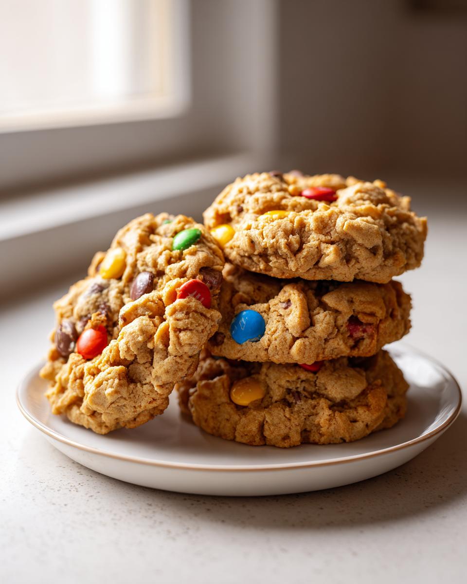 A stack of four delicious peanut butter m&m cookies piled on a small white plate.
