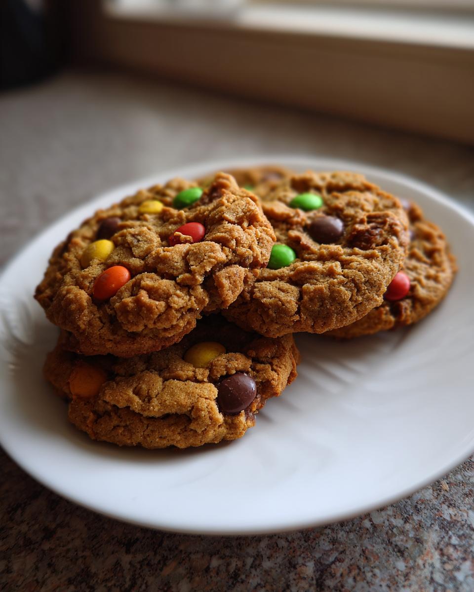 A close-up of several chewy peanut butter m&m cookies stacked on a white plate.