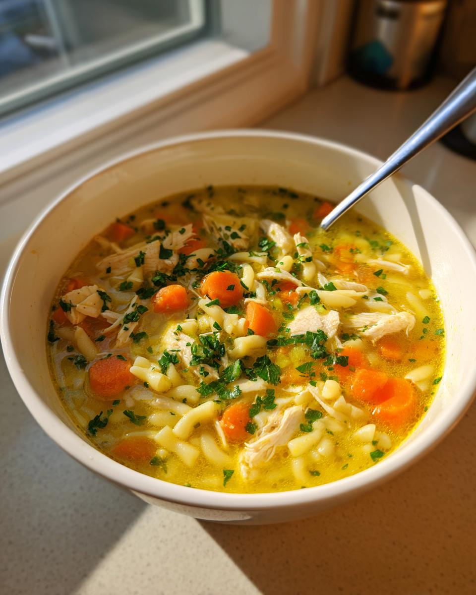A close-up of a white bowl filled with steaming penicillin soup, featuring shredded chicken, bright orange carrots, noodles, and fresh parsley.