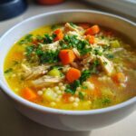 Close-up of a comforting bowl of penicillin soup featuring shredded chicken, small pasta pearls, diced carrots, and fresh parsley garnish.