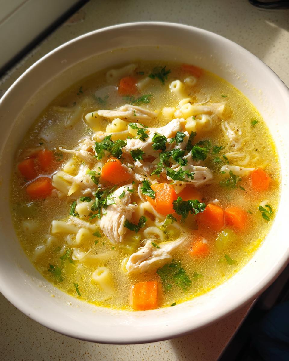 Close-up of a bowl of bright yellow penicillin soup filled with shredded chicken, diced carrots, noodles, and fresh parsley.