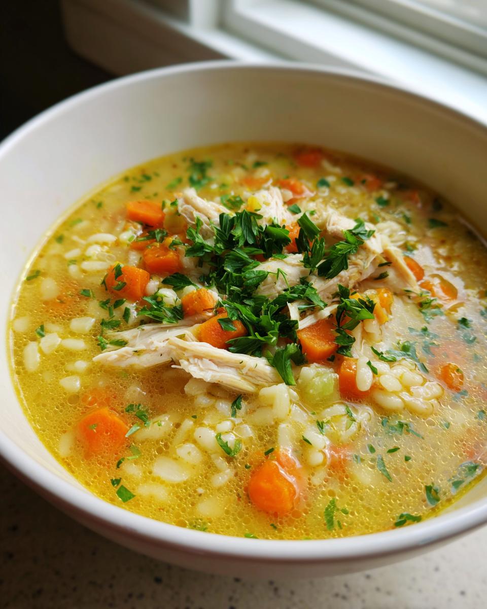 Close-up of a steaming bowl of penicillin soup featuring shredded chicken, diced carrots, rice, and fresh parsley garnish.