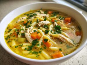 Close-up of a white bowl filled with hot penicillin soup, featuring shredded chicken, egg noodles, carrots, and fresh parsley.