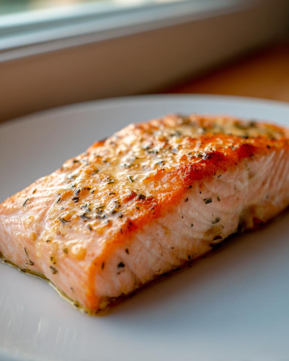 Close-up of a perfectly cooked, seasoned salmon fillet resting on a white plate, showcasing the flaky texture of this salmon recipe.