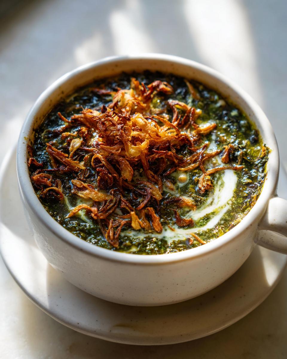 A close-up of a bowl of rich, green Persian noodle soup topped with crispy fried onions and a swirl of cream.