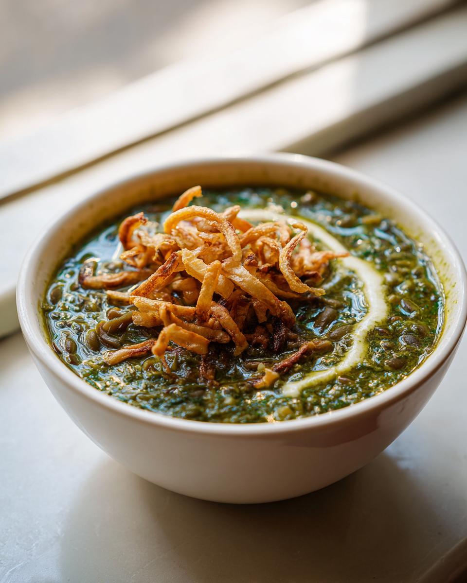 A white bowl filled with rich, green Persian noodle soup, topped with crispy fried onions and a swirl of yogurt or cream.