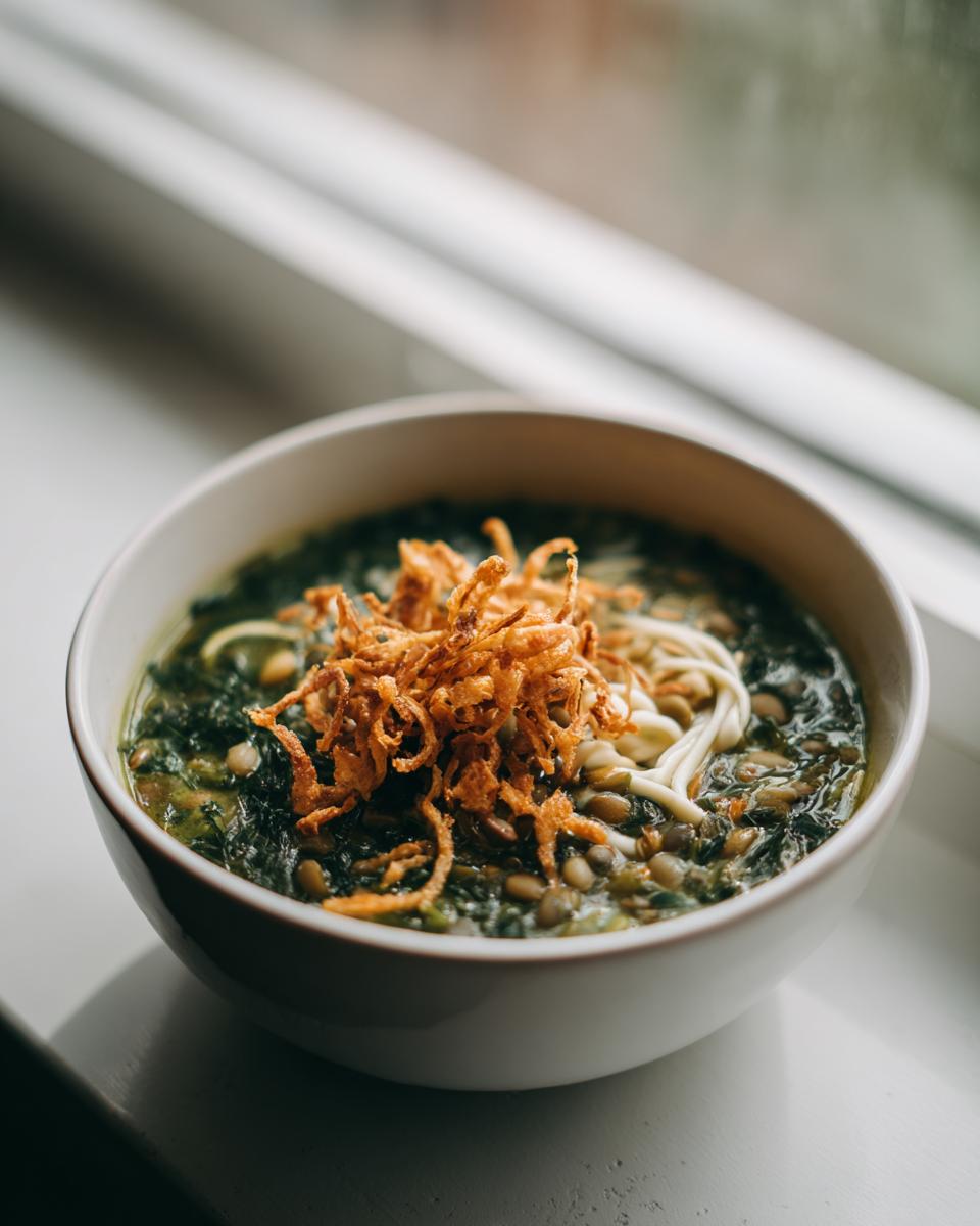 A white bowl filled with rich, green Persian noodle soup topped generously with crispy fried onions and noodles.