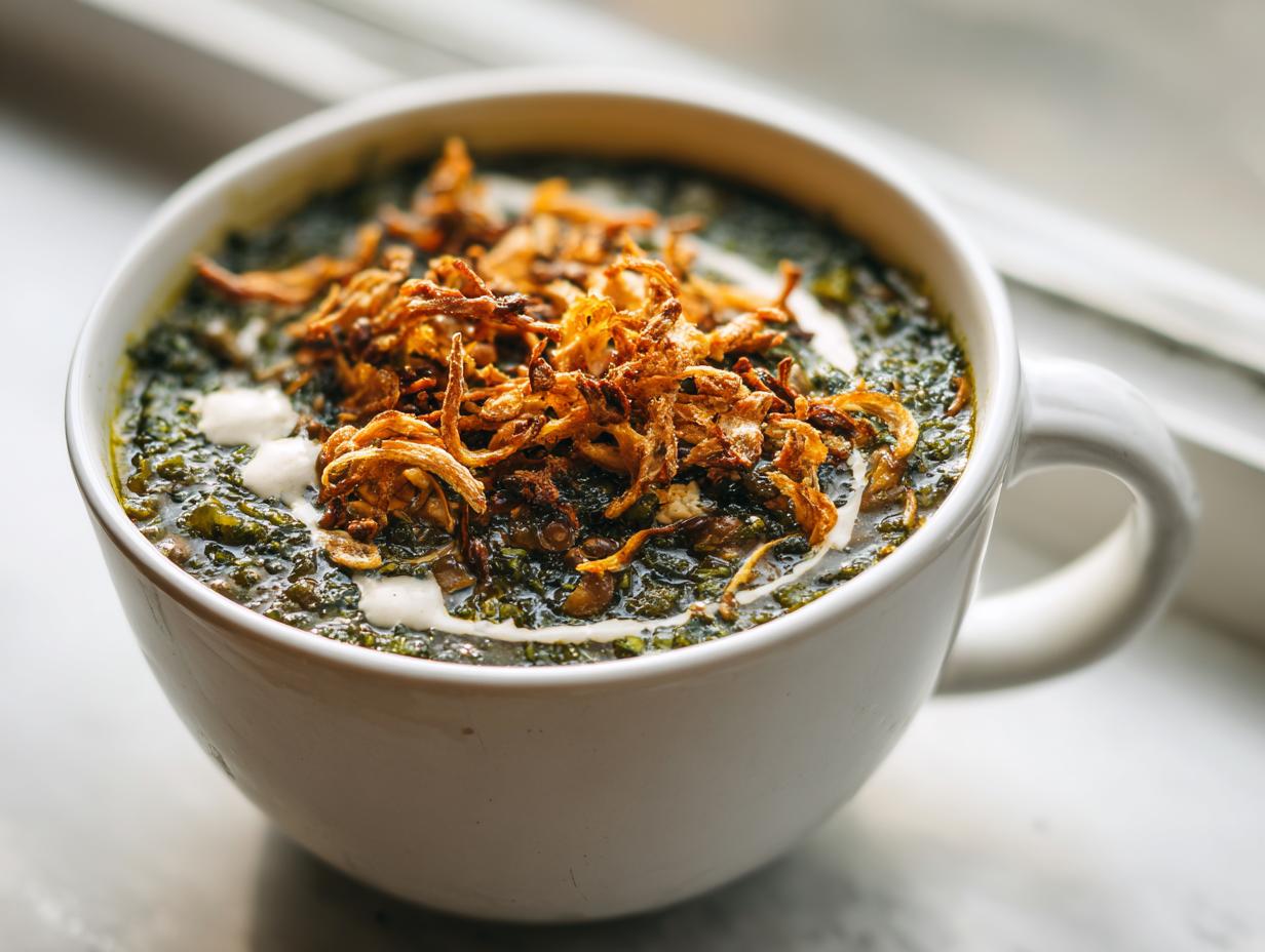 Close-up of a white mug filled with thick, dark green Persian noodle soup, topped with crispy fried onions and a swirl of white yogurt or cream.