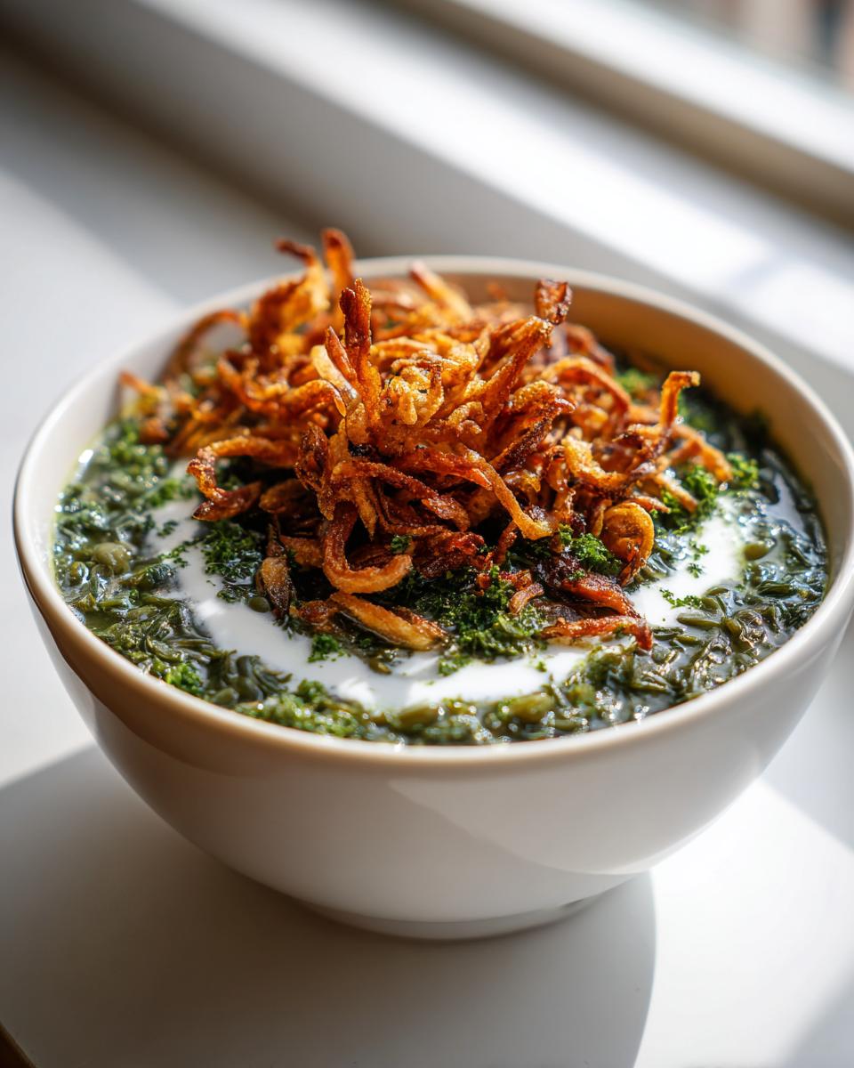 A close-up of a white bowl filled with rich green Persian noodle soup, topped with yogurt and crispy fried onions.
