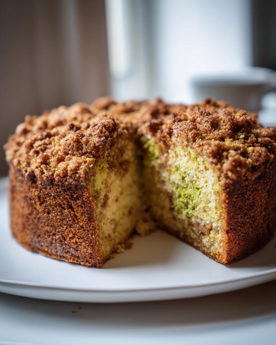 A whole pistachio coffee cake with a slice removed, showing the moist interior and thick brown crumb topping.