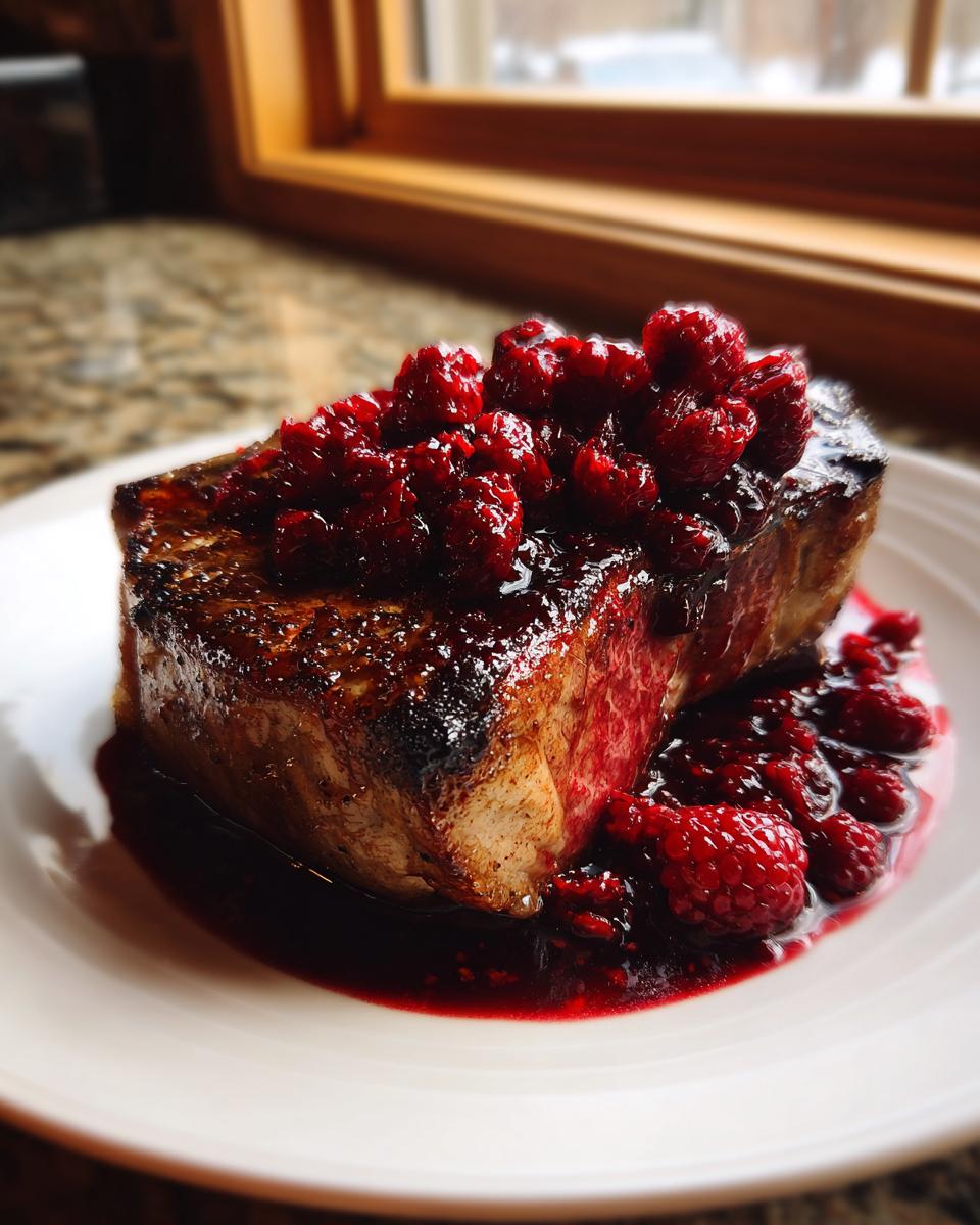 Close-up of a thick, seared pork chop smothered in a rich raspberry balsamic glaze and fresh raspberries.