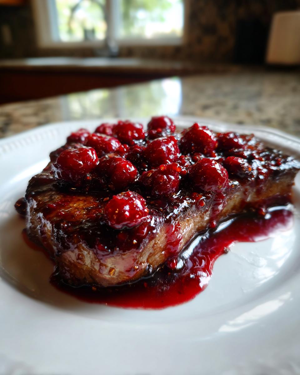 Close-up of a thick pork chop smothered in a rich, dark raspberry balsamic glazed sauce topped with whole fresh raspberries.