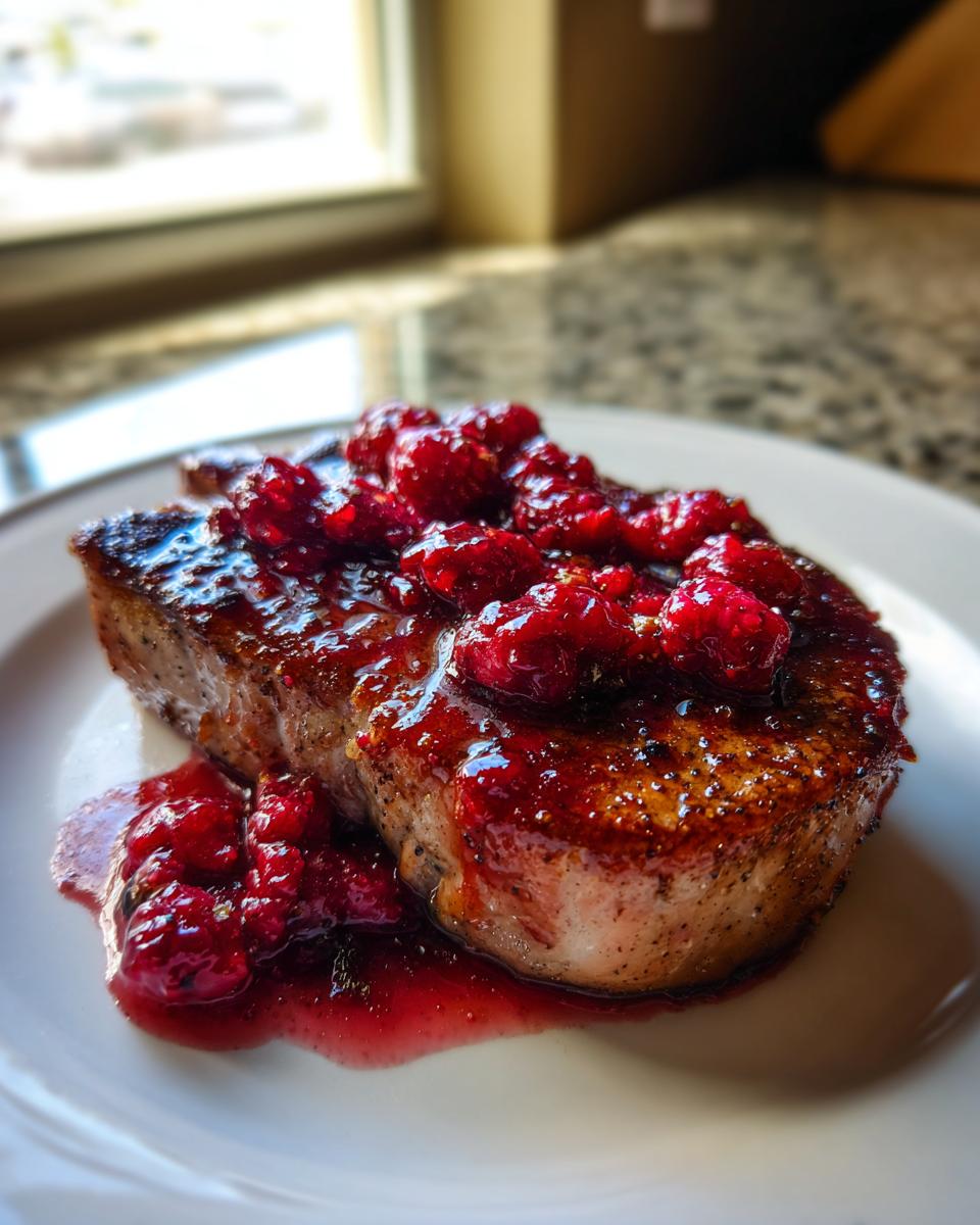 Close-up of a perfectly seared pork chop topped with a rich raspberry balsamic glaze and whole raspberries.
