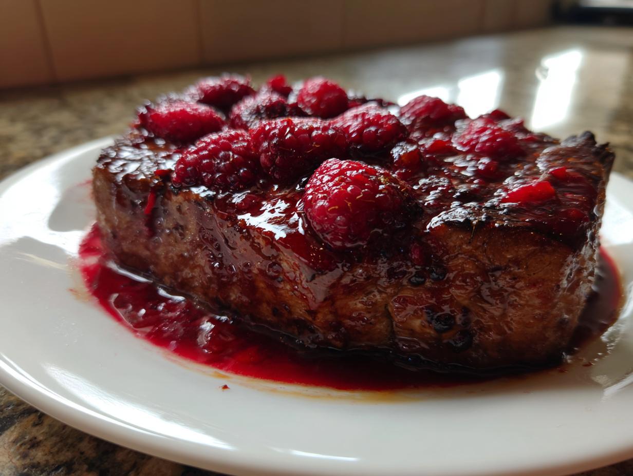 A thick, seared pork chop generously topped with whole raspberries and a rich raspberry balsamic glazed pork chops sauce.
