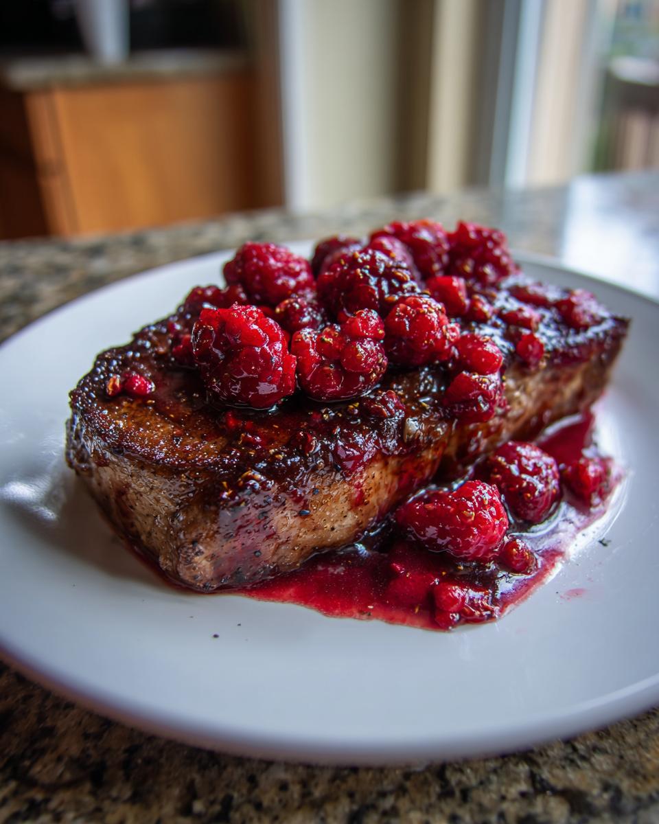 Close-up of a perfectly seared pork chop topped generously with a rich raspberry balsamic glazed sauce and fresh raspberries.