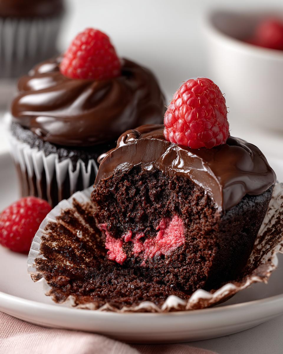 Close-up of a raspberry chocolate cupcakes cut in half showing the bright pink raspberry filling inside the dark chocolate cake.
