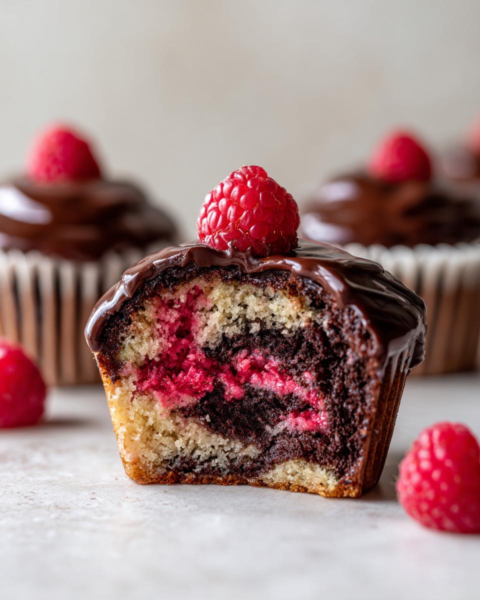 Close-up of a raspberry chocolate cupcakes cut in half showing marbled cake, raspberry filling, and chocolate ganache topping.