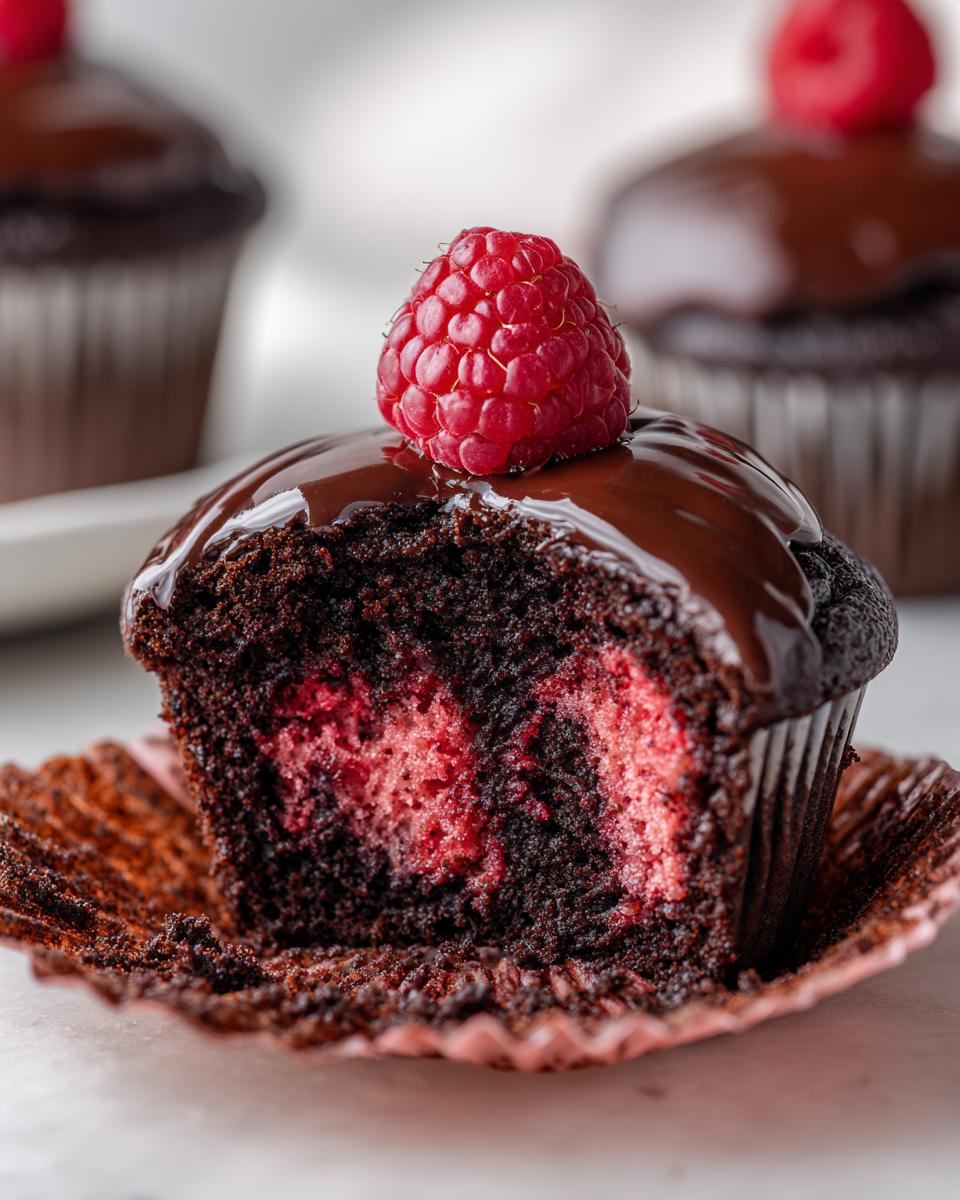 Close-up of a raspberry chocolate cupcake cut in half, revealing a pink raspberry filling, topped with chocolate ganache and a fresh raspberry.