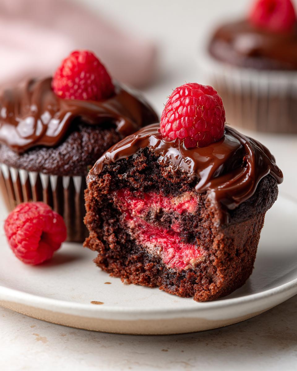Close-up of a raspberry chocolate cupcakes cut in half showing the rich chocolate cake and raspberry filling, topped with ganache and a fresh raspberry.