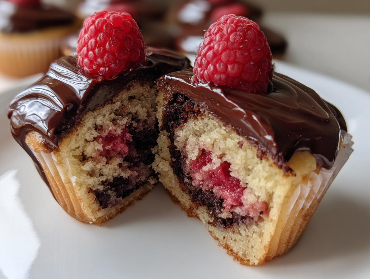 Close-up of a raspberry chocolate cupcakes cut in half, showing the moist cake, raspberry filling, and chocolate ganache topping.