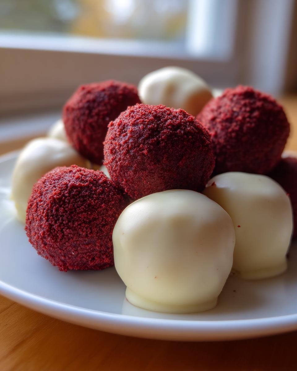 A close-up of mixed red velvet cake balls rolled in crumbs and white chocolate covered red velvet cake balls.