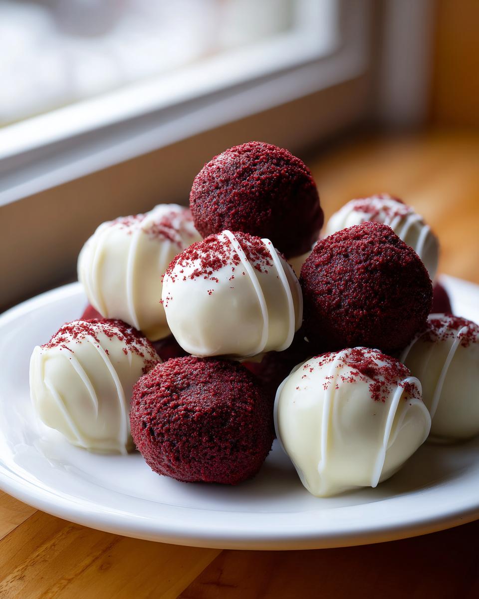 A pile of rich red velvet cake balls, some coated in white chocolate, stacked on a white plate.