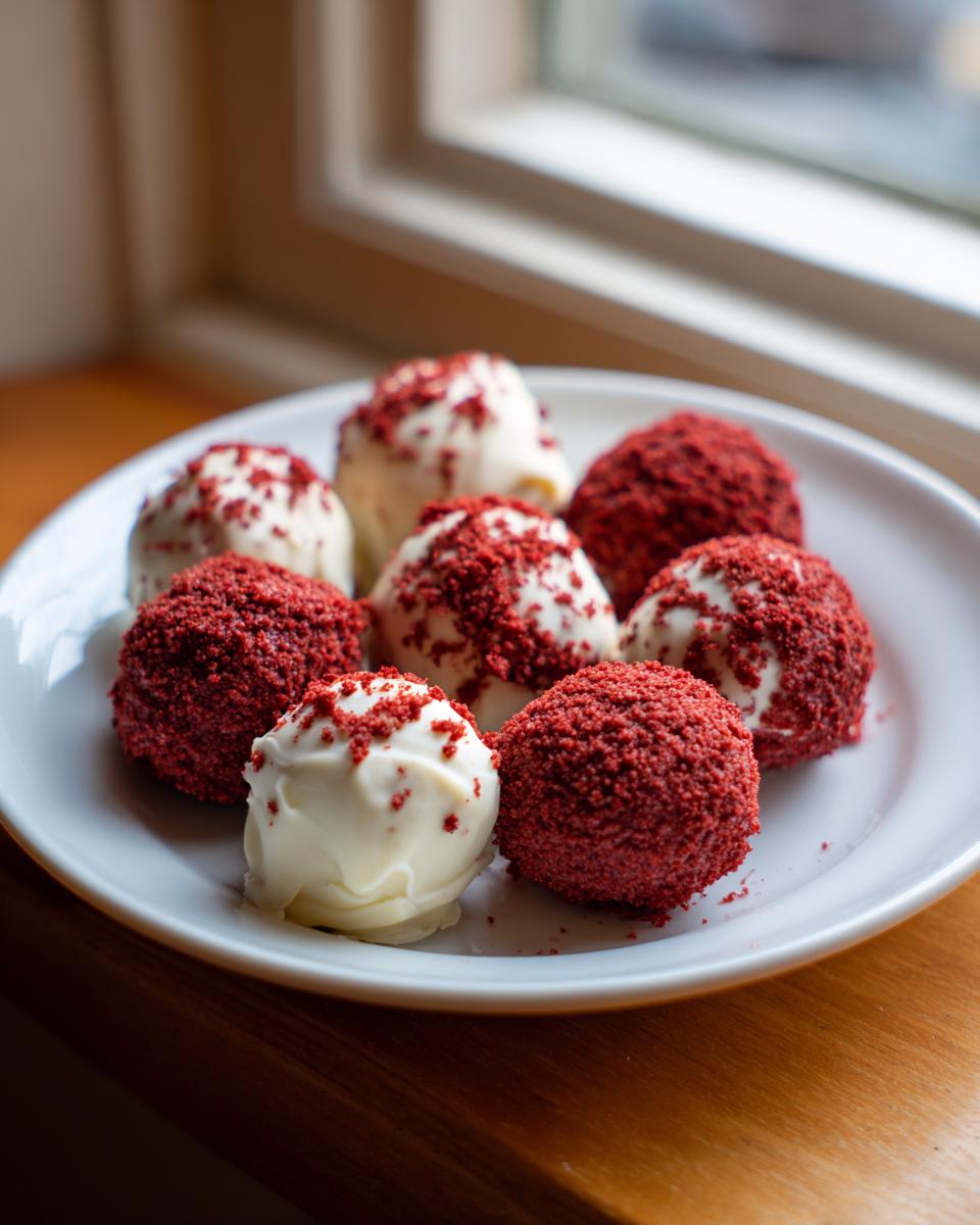 A plate of assorted red velvet cake balls, some fully coated in red crumbs and others dipped in white chocolate, showcasing the red velvet cake balls recipe.