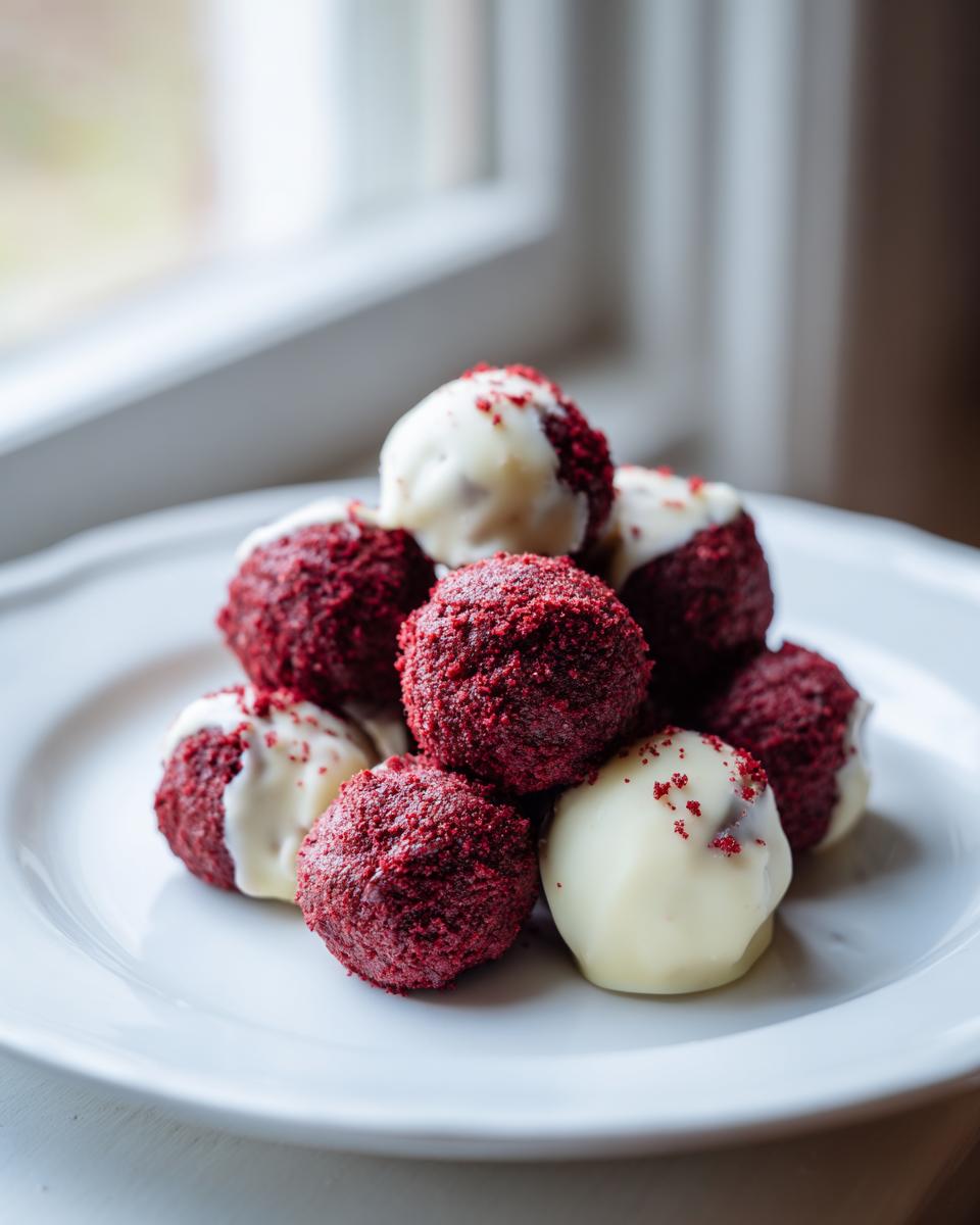 A stack of vibrant red velvet cake balls, some rolled in red crumbs and others partially dipped in white chocolate.