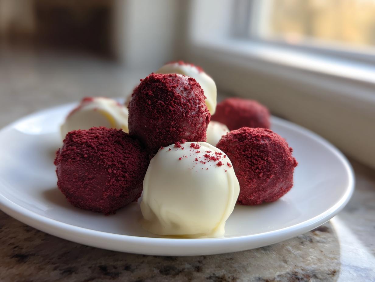 A close-up of several red velvet cake balls, some coated in red crumbs and others dipped in white chocolate.