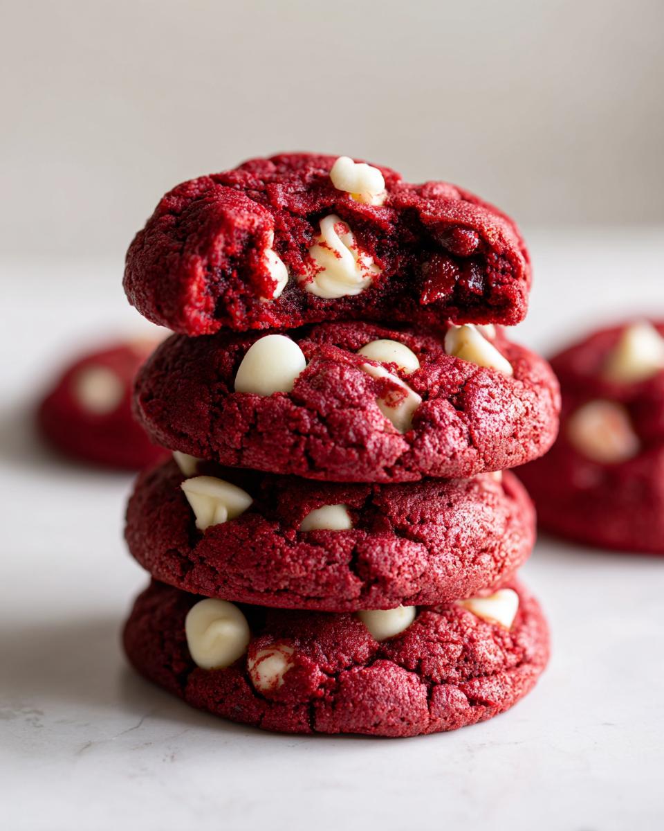 A stack of four vibrant red velvet cake mix cookies studded with white chocolate chips, one cookie broken open.