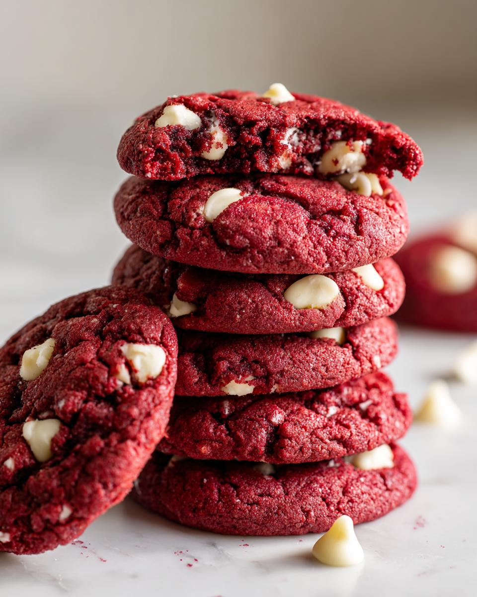 A stack of vibrant red velvet cake mix cookies studded with white chocolate chips, one cookie broken open on top.