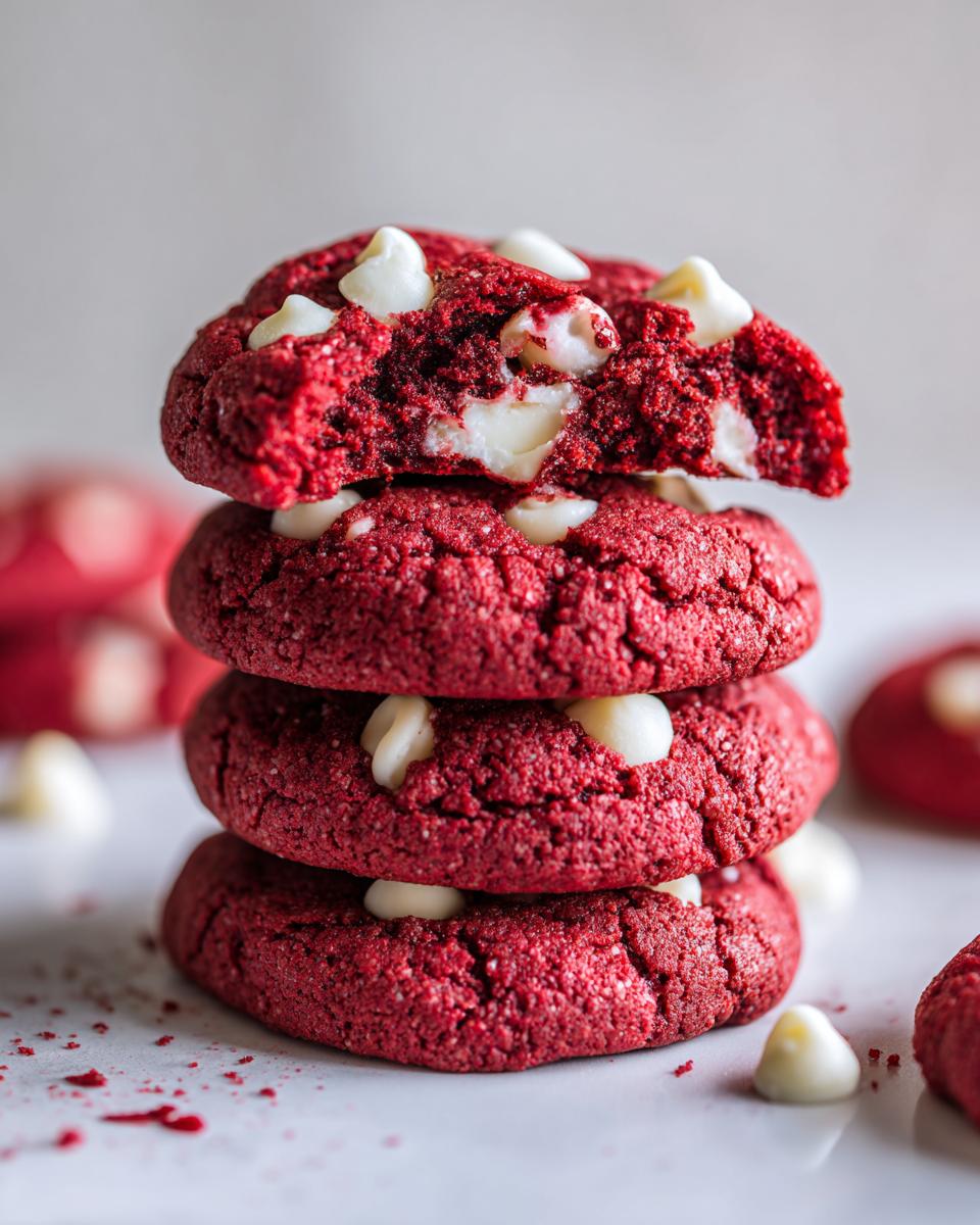 A stack of four vibrant red velvet cake mix cookies, with the top one broken open revealing white chocolate chips inside.