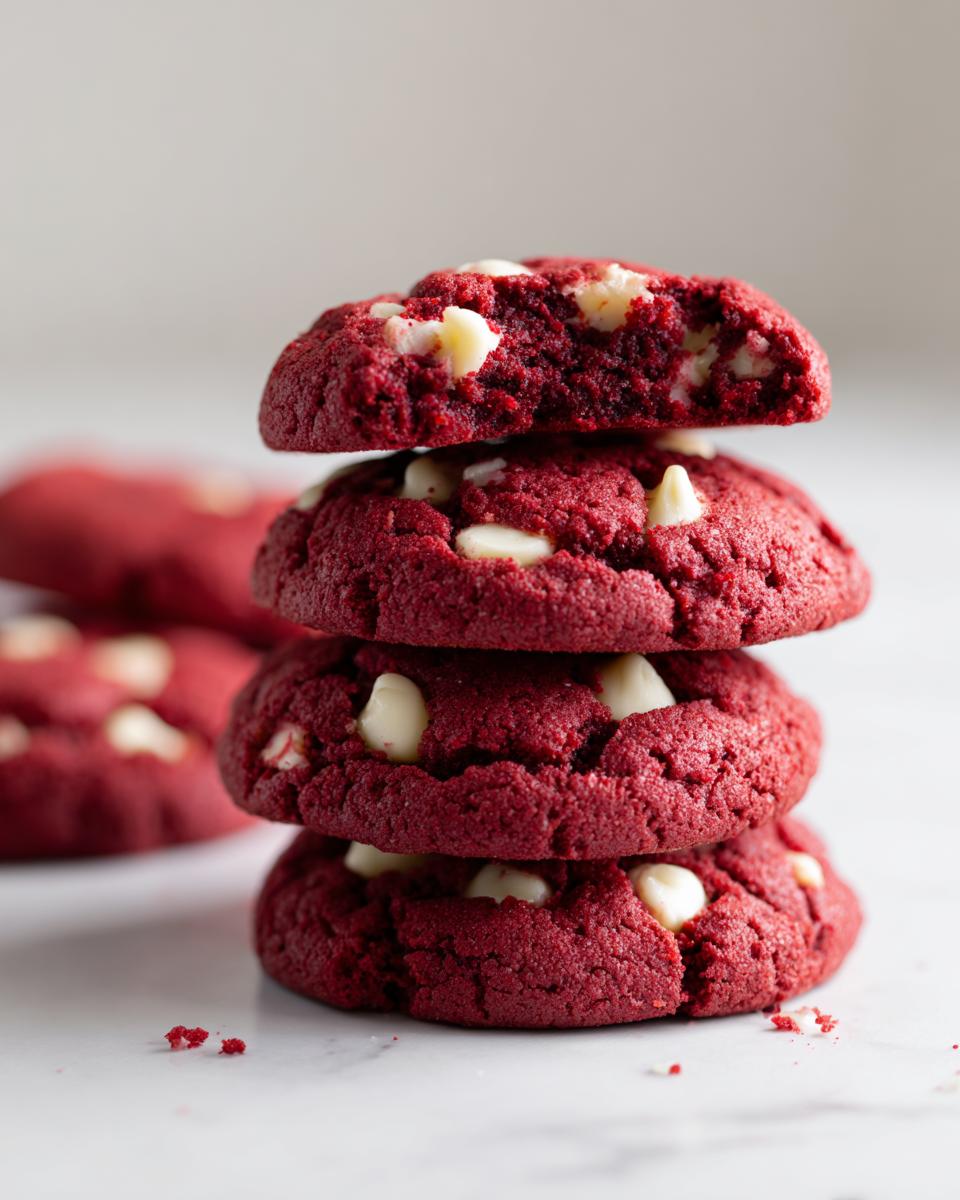 A stack of four vibrant red velvet cake mix cookies, with the top one broken to show the soft, chewy interior filled with white chocolate chips.