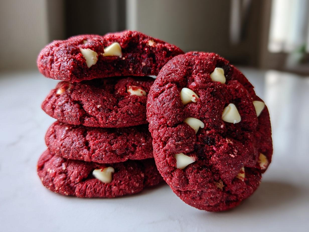 A stack of four vibrant red velvet cake mix cookies, studded with white chocolate chips, resting on a white surface.