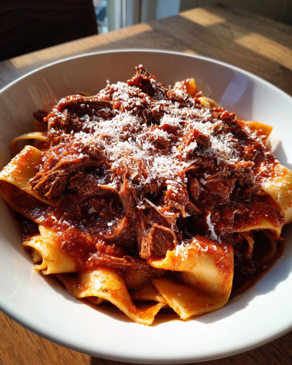 A close-up of wide pappardelle pasta generously topped with rich, shredded beef ragu and grated Parmesan cheese.