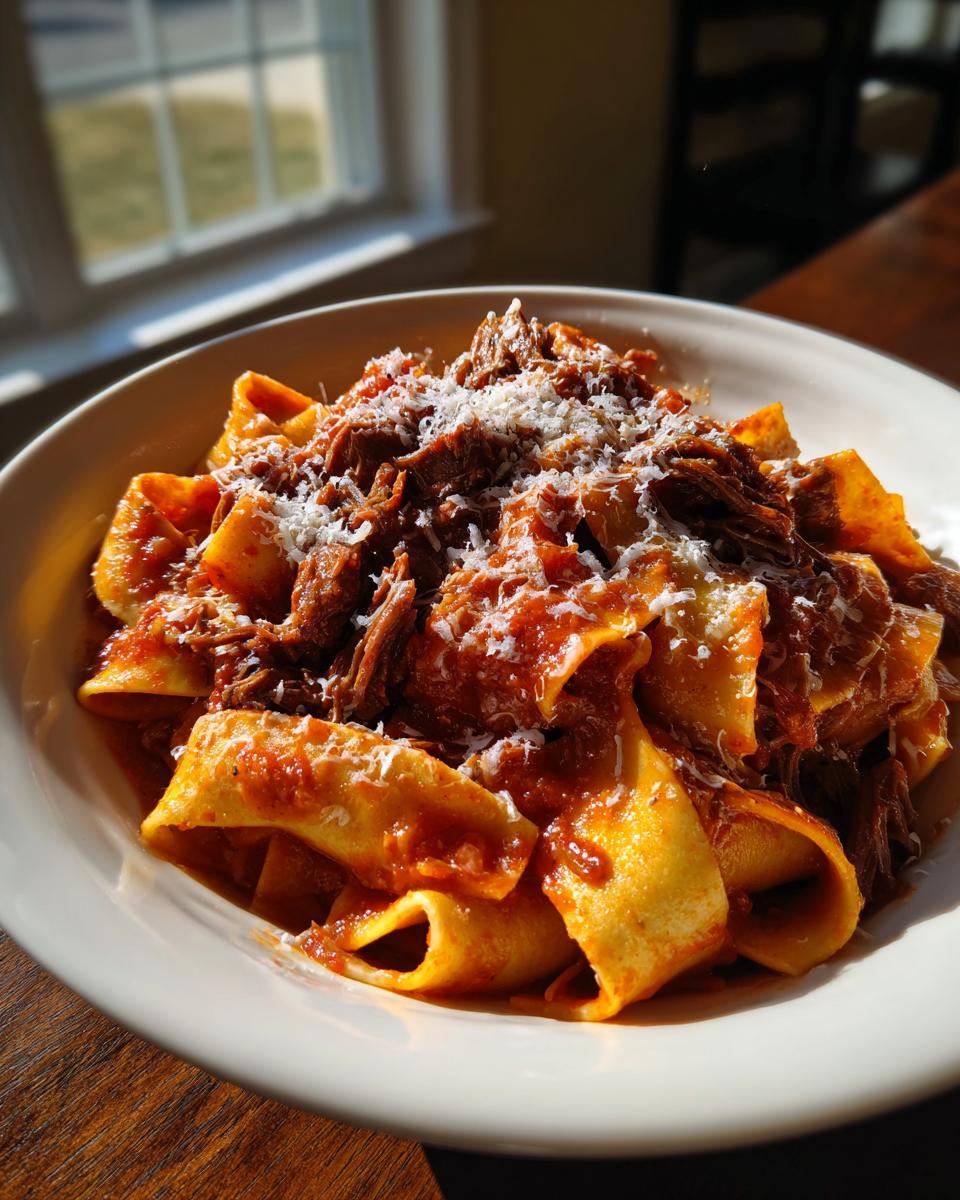 A close-up of a bowl of pappardelle pasta generously topped with rich beef ragu and grated Parmesan cheese.