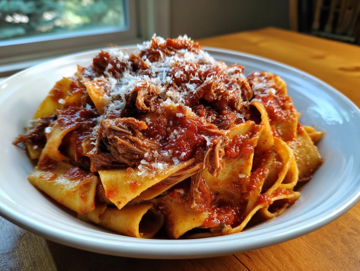 A close-up of wide pappardelle pasta generously topped with rich beef ragu and grated Parmesan cheese.