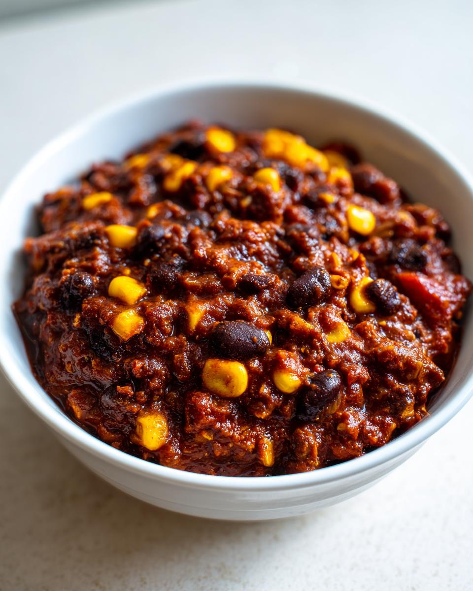 Close-up of a hearty bowl of rich, dark red black bean chili mixed with bright yellow corn kernels.