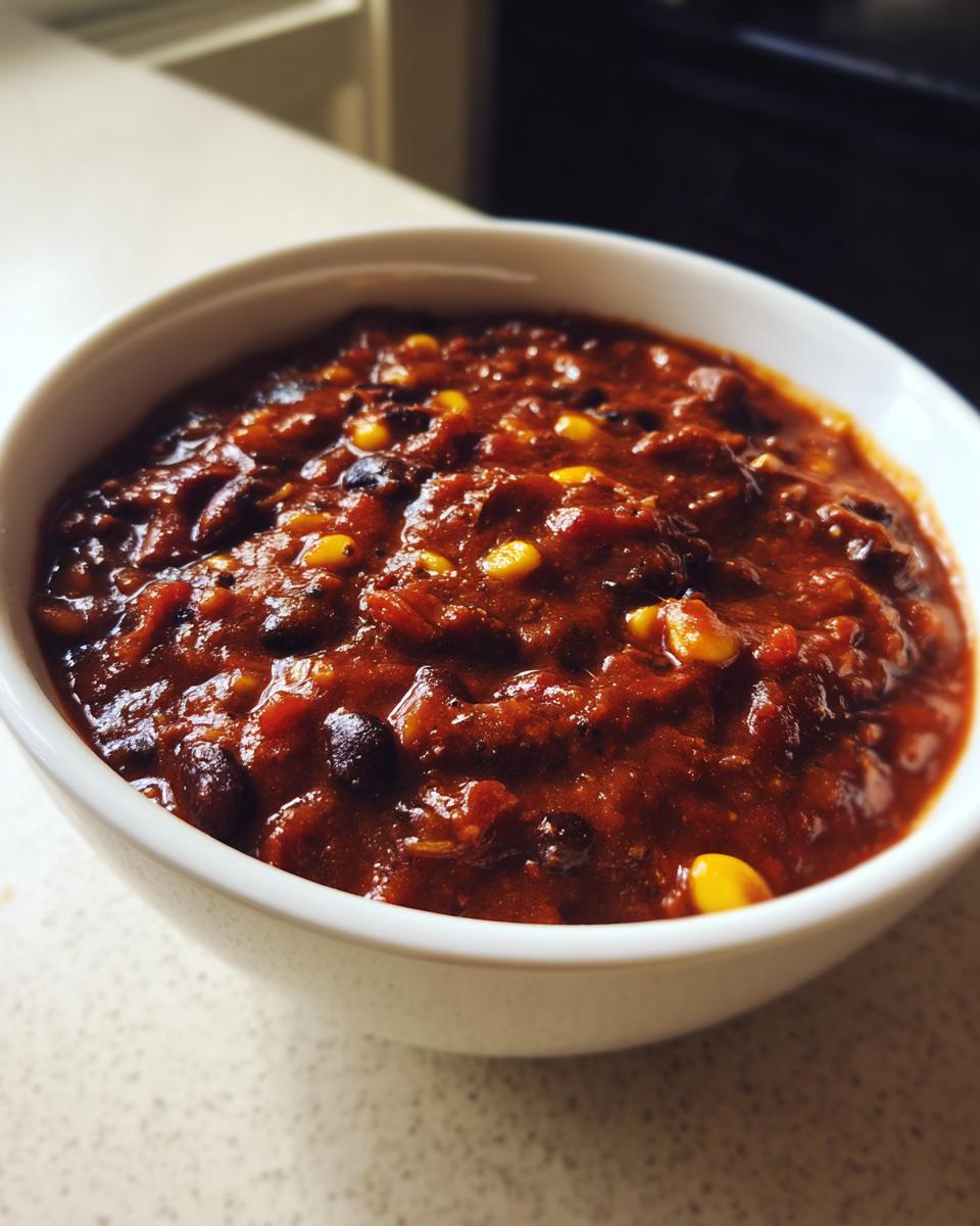 Close-up of a hearty bowl of thick, dark red black bean chili with visible corn kernels.