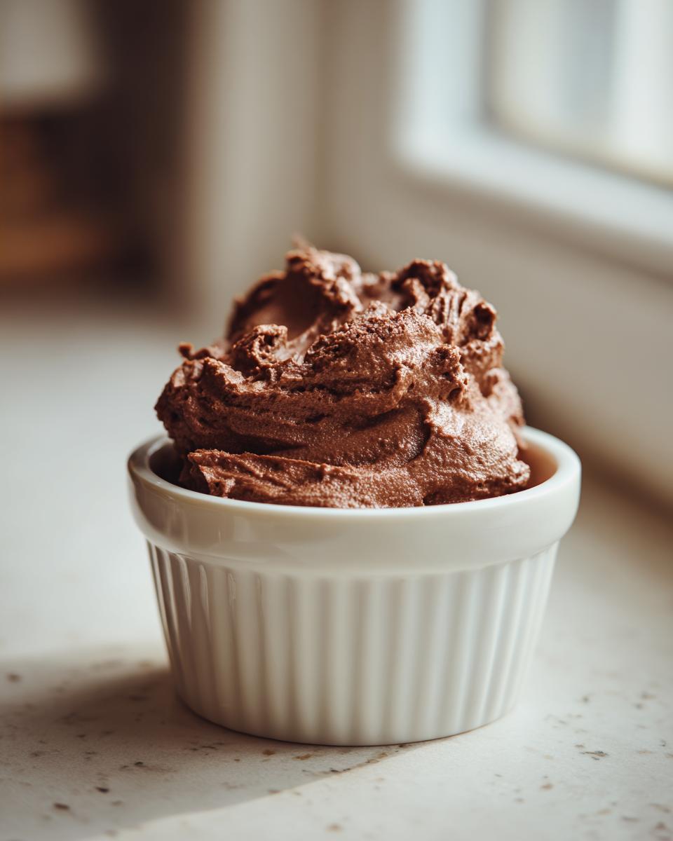 A single serving of rich, dark chocolate mousse scooped into a white, fluted ramekin.