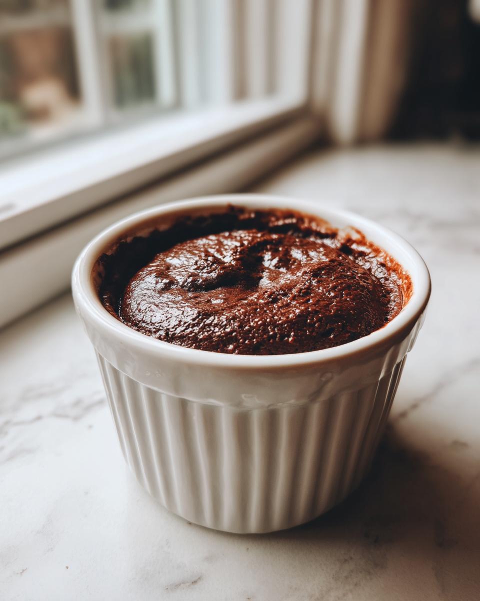 A close-up of rich, dark chocolate mousse served in a white, fluted ramekin on a marble surface.