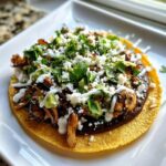 A close-up of a single roasted mushroom tostadas topped with black bean spread, roasted mushrooms, avocado, cotija cheese, and cilantro.