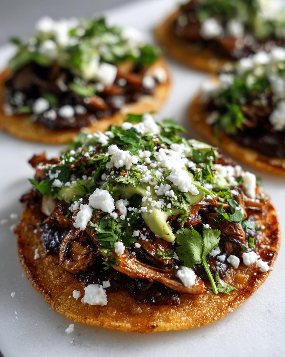 A close-up of a crispy roasted mushroom tostadas topped with cotija cheese, cilantro, and avocado crema.
