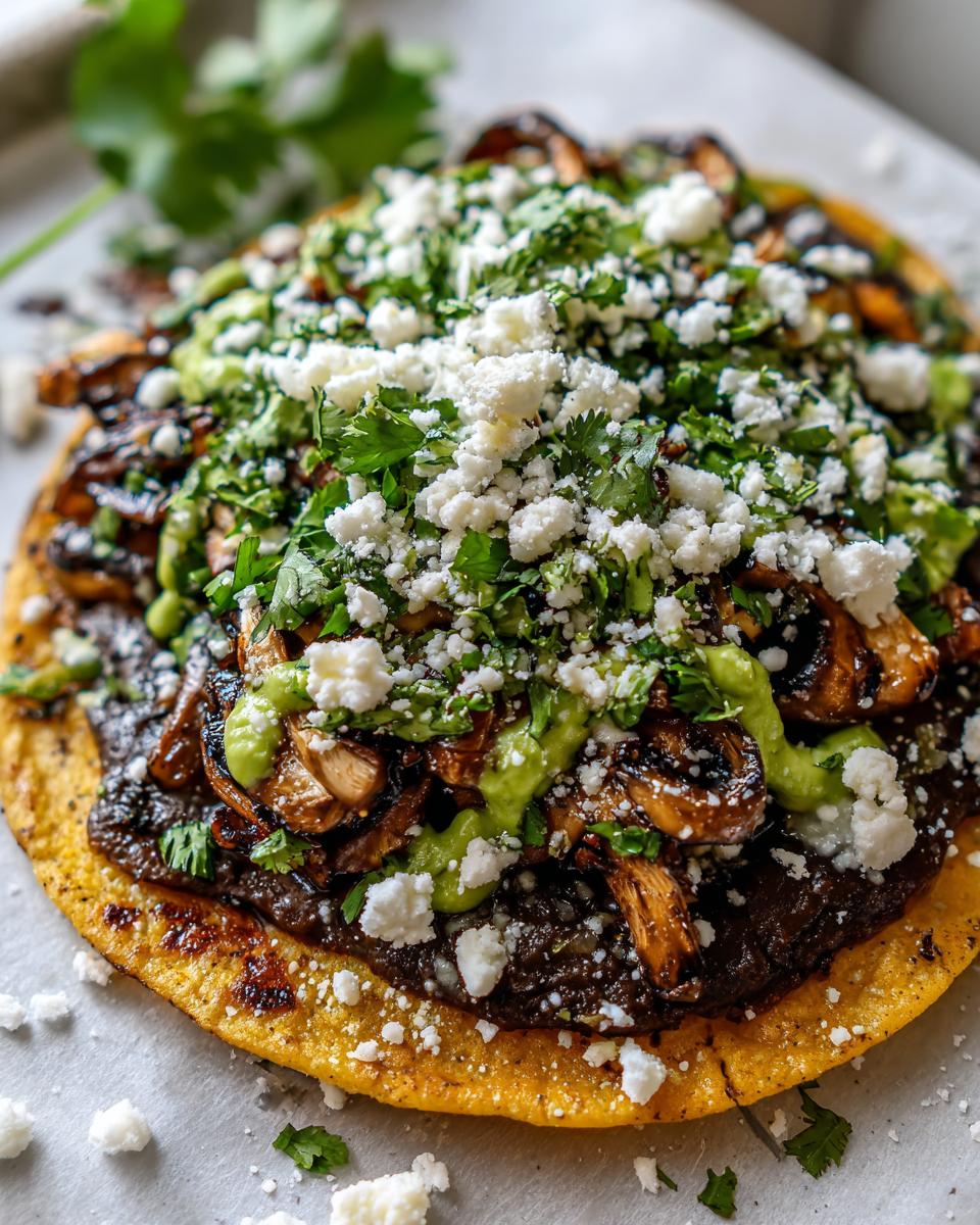 A close-up view of a single roasted mushroom tostadas topped with refried beans, roasted mushrooms, green sauce, cilantro, and crumbled white cheese.