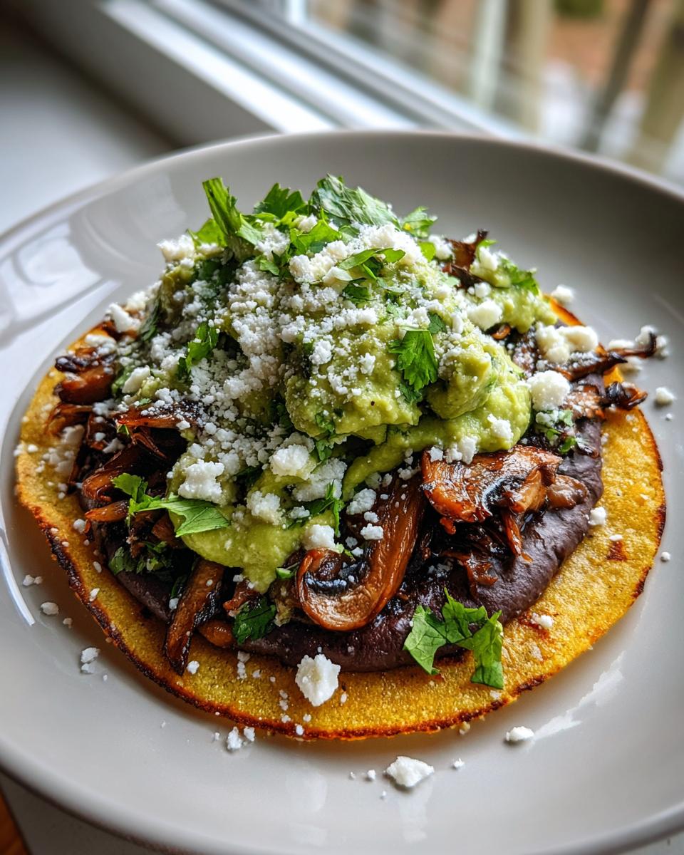 A single, perfectly assembled roasted mushroom tostadas topped with refried beans, guacamole, cotija cheese, and cilantro.
