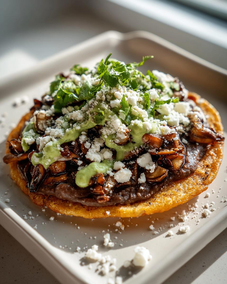 A single, fully loaded roasted mushroom tostadas topped with refried beans, roasted mushrooms, avocado crema, cotija cheese, and cilantro.