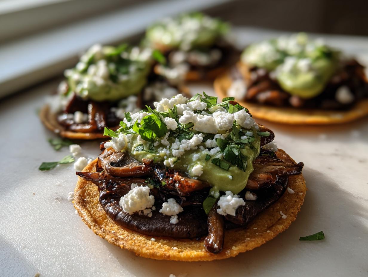 Close-up of a single roasted mushroom tostada topped with dark, savory mushrooms, creamy guacamole, and crumbled white cheese.