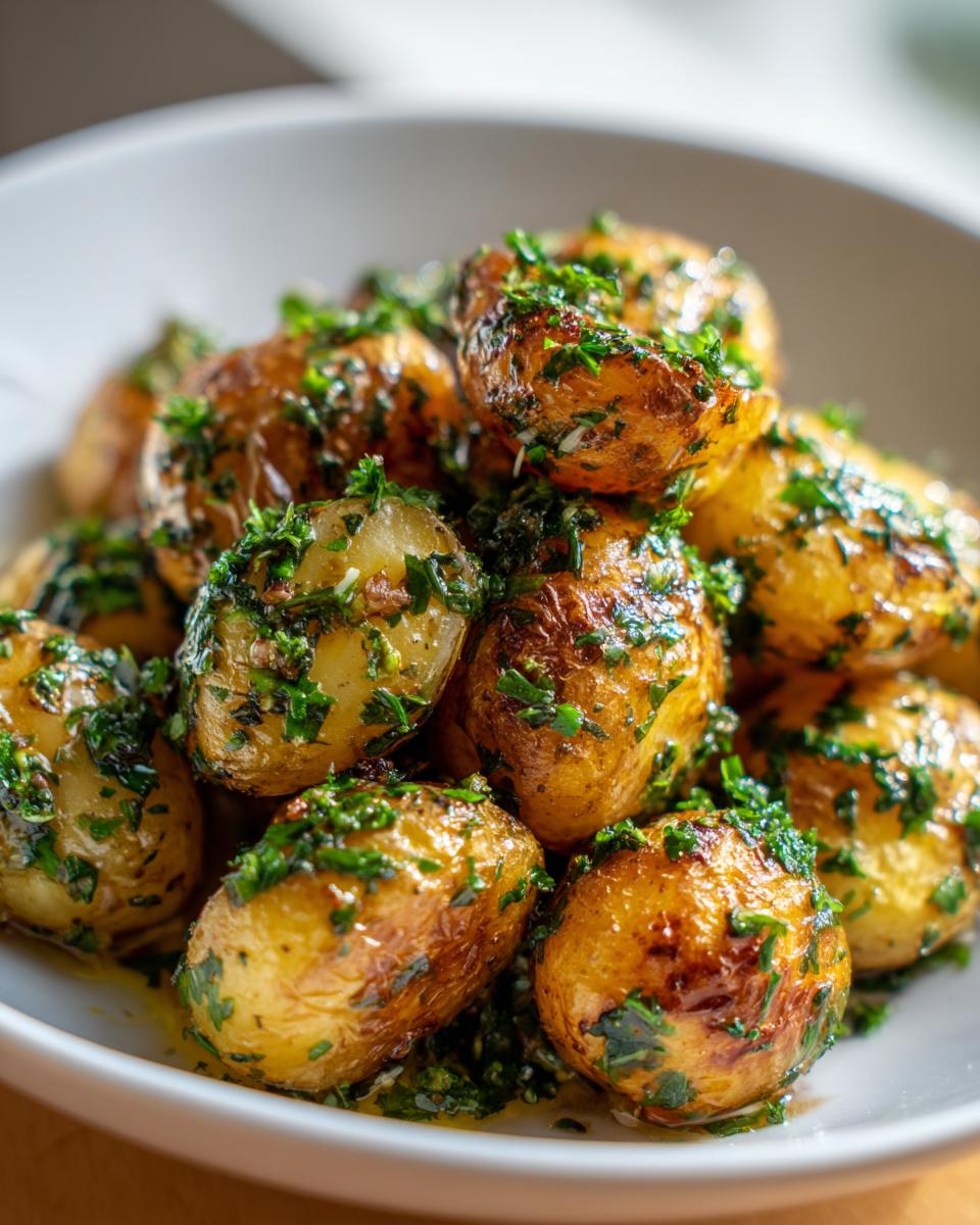Close-up of golden brown roasted potato salad tossed in a bright green herb dressing.