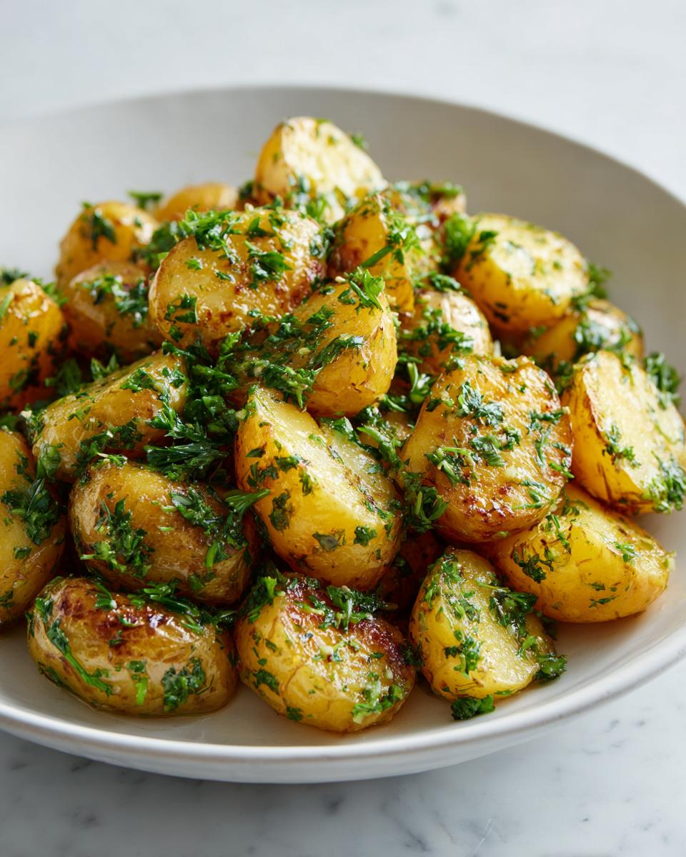 A close-up of golden roasted potato salad halves tossed generously with fresh, chopped parsley.